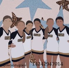 a group of women in cheer uniforms standing next to each other with stars on the background