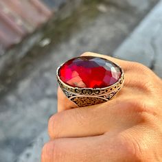 Man Handmade Large Red Ruby Ring , Silver Ruby Stone Ring , Zircon Stone Ring , 925k Sterling Silver Ring , Gift For Him , Father Day Gift ★Item Details * Gender : Male / Female * Material : 925K Sterling Silver * Total weight : 50 Grams * Gemstone : Ruby  Stone ✔ Ready to Ship in 1-2 Business Days .. ✔ Shipped to the Worldwide 1-5 business days with free shipping... ✔ The product will be sent to you with a handmade wooden box to avoid any damage during shipping... ✔ Visit our store, browse othe Red Gemstone Ring For Gift, Red Open Ring Crystal Ring As Gift, Red Crystal Open Ring For Gift, Gift Red Crystal Open Ring, Unique Red Ruby Open Ring, Red Stone Setting Ring As Gift, Red Stone Setting Ring For Gift, Red Stone Setting Ring Gift, Red Crystal Promise Ring With Stone Setting