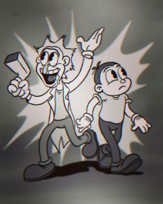 two cartoon characters standing next to each other in front of a gray background with white and black lines