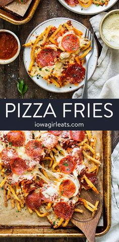 pizza fries with pepperoni, cheese and sauce are on a wooden cutting board next to other dishes