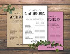 three wedding game cards with greenery on them and the words bride, scatterercr