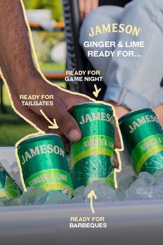 an advertisement for jameson's ginger and lime beer in the middle of ice cubes