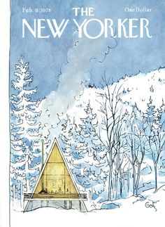 the new yorker magazine cover featuring a cabin in the snow with trees around it