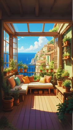 a painting of a balcony with potted plants on the windowsill and an ocean view