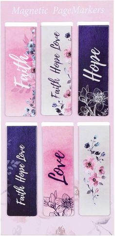 four bookmarks with flowers and words on them