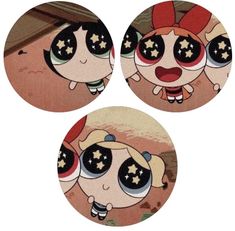 three cartoon characters with big eyes and stars on their faces are depicted in this set of coasters