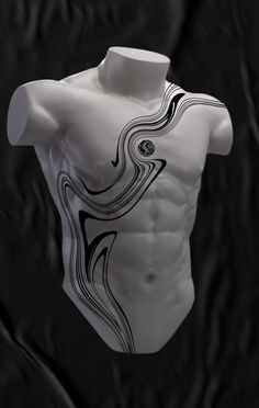 a white mannequin with black swirls on it's chest and torso