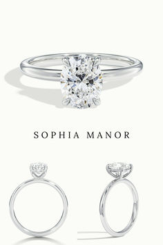 a white diamond ring with the words sophia manor on it and two different views