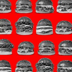 black and white photograph of hamburgers with different toppings on red background, in multiple rows