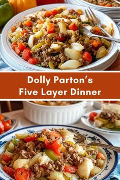 two plates filled with different types of food and the words dolly patron's five layer dinner