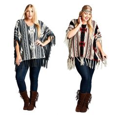 Women's Top Velezra    Perfect weight poncho sweater for layering. The Aztec tribal print is wonderful. The pull over poncho styling makes for easy on & off. The stretch sweater knit fabric is extremely comfy to wear and assures great fit. This jacket features a 5" bush fringe all around the edge. You will love the feel and styling of this poncho. Velezra is well known for the boho pheasant bohemian look in their fashions. Velezra is found in the finest boutiques and department stores everywhere Casual Multicolor Fringe Outerwear, Casual Multicolor Fringed Outerwear, Casual Winter Festival Sweater, Oversized Hippie Poncho For Fall, Fall Festival Oversized Poncho, Oversized Fall Festival Poncho, Long Sleeve Poncho For Winter Festivals, Fringed Long Sleeve Poncho For Fall, Fringe Long Sleeve Poncho For Fall