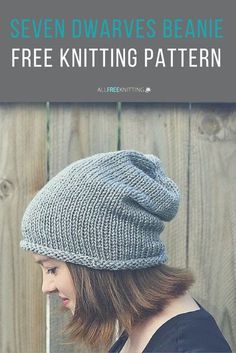 a woman wearing a gray knitted hat with text overlay that reads, free knitting pattern seven dwarfs beanie