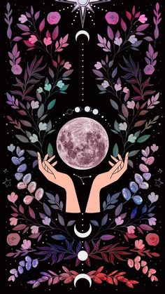 two hands are holding the moon and surrounded by flowers