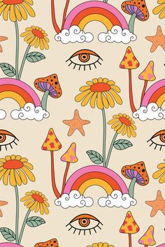 a pattern with sunflowers, stars and clouds in the shape of eyeballs