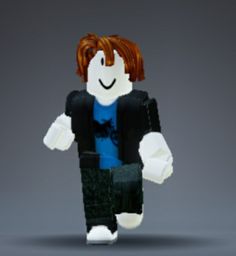 a lego man with red hair and blue shirt is standing in front of a gray background