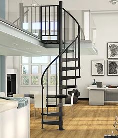 a living room filled with furniture and a spiral staircase