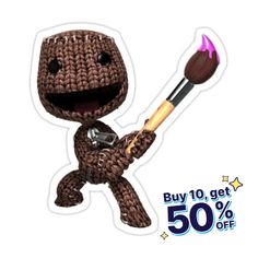 a crocheted figure holding a paintbrush with the caption buy 10 get 50 % off