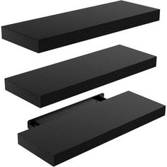 three black shelves are shown with one open and the other closed