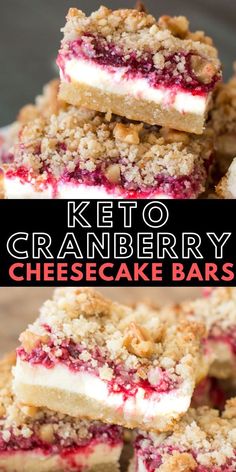 keto cranberry cheesecake bars stacked on top of each other with text overlay