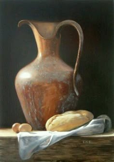 a painting of a brown vase and bread on a table with a white cloth next to it