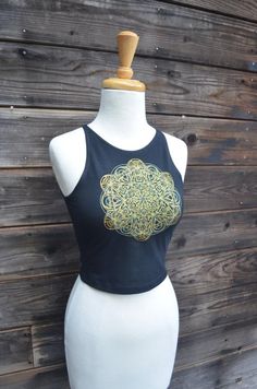 Glow in the Dark and Gold Seed of Life and Metatron's Cube Fitted Crop Top - Yoga Tank Top - Sacred Screen Printed Clothing, Mandala Chakra, Sacred Geometry Clothing, Chakra Mandala, Fitted Crop Top, Festival Crop Tops, Metatron's Cube, Yoga Crop Tops, Sri Yantra