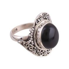 Presented by Alok Jain this magical cocktail ring is designed by Indian artisans. They handcraft the ring of sterling silver elaborating it with bubble and swirl motifs. A single stone of alluring black onyx crowns the ring. Ornate Black Sterling Silver Rings, Silver Onyx Cabochon Rings, Gothic Sterling Silver Oval Ring, Gothic Oval Sterling Silver Rings, Unique Silver Onyx Rings, Ornate Round Cabochon Rings, Single Stone Ring, Promise Ring Gift, Onyx Jewelry