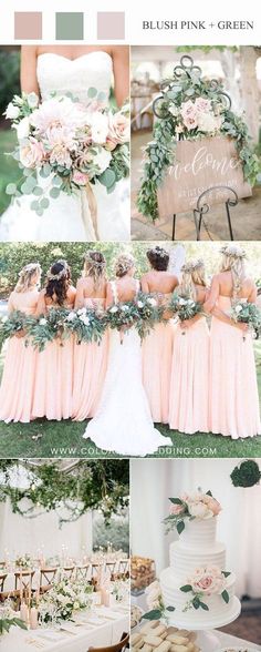 the wedding color scheme is peach and green