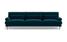 a blue couch with wooden legs on a white background