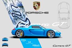 a blue porsche sports car sitting next to an advertisement for the new carro gt