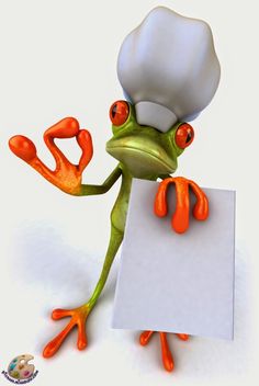 a frog wearing a chef's hat is holding a sign and pointing at it