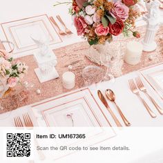 the table is set with pink flowers and gold place settings for an elegant wedding reception