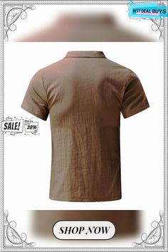 Men's Linen Shirt Camp Collar Summer Short Sleeve White Brown Plain Casual Daily Clothing Apparel Front Pocket Brown Casual Collar Top For Summer, Brown Summer Top With Casual Collar, Brown Casual Collar Cotton Top, Collared Brown Tops For Vacation, Brown Collared Tops For Vacation, Brown Cotton Camp Collar Top, Brown Cotton Top With Camp Collar, Collared Brown T-shirt For Summer, Casual Khaki Tops With Collar