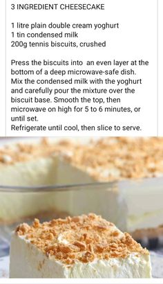 an image of a piece of cheesecake on a plate with instructions for the recipe