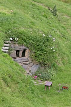 a small cave in the side of a grassy hill