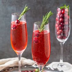 two glasses filled with cranberry wine and garnished with greenery on the rim