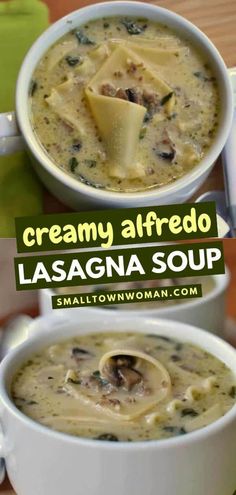 two bowls of creamy alfredo lasagna soup