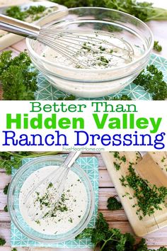 a bowl filled with ranch dressing on top of a cutting board