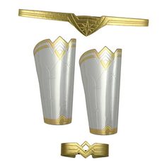 a set of white and gold armors with golden accents on the sides, including two wings