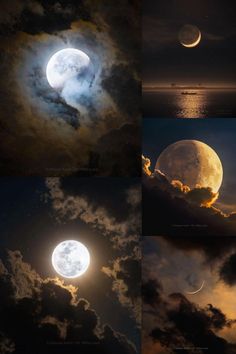 the moon and clouds are shown in three different pictures