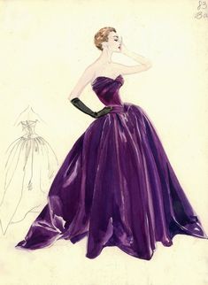 a drawing of a woman in a purple dress with her hand on her hip and the other arm over her shoulder