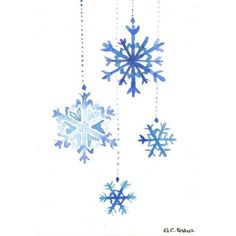 three snowflakes hanging from strings on a white background