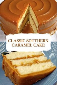 two different types of cake on plates with the words classic southern caramel cake