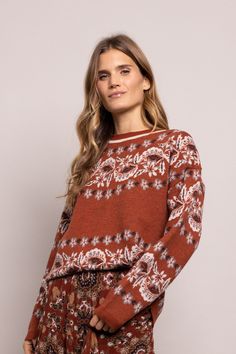 • Boxy long-sleeve crewneck sweater• Custom modern Fair Isle artwork Fall Jacquard Knit Crew Neck Sweatshirt, Relaxed Fit Long Sleeve Jacquard Knit Sweater, Spring Fair Isle Crew Neck Sweater, Spring Crew Neck Sweater With Fair Isle Pattern, Fair Isle Long Sleeve Sweater For Layering, Jacquard Knit Long Sleeve Loungewear Sweater, Long Sleeve Jacquard Knit Sweater For Loungewear, Relaxed Fit Jacquard Knit Sweater For Fall, Fine Knit Cropped Long Sleeve Sweater For Fall