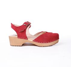 NEW SUEDE LEATHER CLOGS  MADE FROM NATURAL SUEDE LEATHER AND NATURAL ALDER WOOD Clogs Sandals for Women  Low heel  ergonomic wooden sole and soft leather. made to order. Available in sizes 36-41. For other sizes please contact me EUR 35 l UK 2.5 l AUS 4.5 l USA 5 l up to 22.3cm l 8.78 inches  EUR 36 l UK 3.5 l AUS 5.5 l USA 6 l up to 23cm l 9.02 inches EUR 37 l UK 4 l AUS 6 l USA 6.5 l up to 23.7cm l 9.33 inches  EUR 38 l UK 5 l AUS 7 l USA 7.5 l up to 24.5cm l 9.65 inches EUR 39 l UK 6 l AUS 8 l USA 8.5 l up to 25.3cm l 9.96 inches EUR 40 l UK 7 l AUS 9 l USA 9 l up to 25.9cm l 10.2 inches EUR 41 l UK 7.5 l AUS 9.5 l USA 9.5 l up to 26.6cm l 10.47 inches EUR 42 l UK 8 l AUS 10 l USA 10.5 l up to 27.2cm l 10.69 inches Hand crafted women's clogs are made using NATURAL LEATHER upper and WOOD Casual Clogs With Ankle Strap And Heel Loop, Casual Clogs With Heel Loop And Ankle Strap, Red Round Toe Sandals With Rubber Sole, Casual Low Heel Mules With Buckle, Casual Low Heel Mules With Buckle Closure, Casual Clogs With Ankle Strap And Rubber Sole, Low Heel Mules With Rubber Sole For Summer, Summer Low Heel Mules With Rubber Sole, Red Rubber Sole Mules For Summer