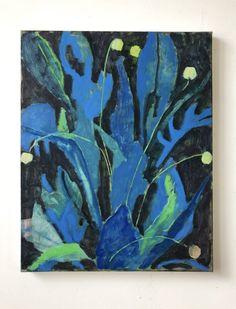 a painting on a wall with blue flowers