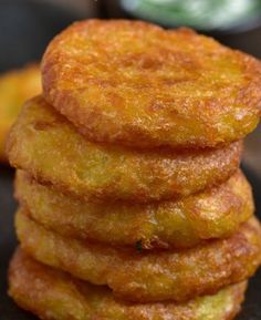 some fried food is stacked on top of each other