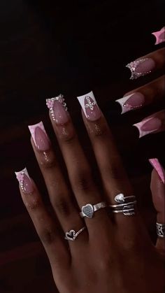 Nails, summer, summer nails, short naims, pink nails, white nails, french tip, my vibe, rings, Pure White Nails With Design, Jhene Aiko Nails Idea, Trending Square Nails 2024, Short French Tip Acrylic Nails With Cross, Pink And White Nails Acrylic Designs, Short Acrylic Nails Blinged Out, Pink French Tip With Jewels, Birthday Nails Short Squoval, French Tips Nails Design