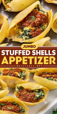 Serve the best holiday appetizer with Jumbo Stuffed Shells! This New Year's Eve food idea features lasagna filling in jumbo pasta shells baked in a muffin tin, making it the perfect finger food. They are Italian, freezer friendly, and vegetarian. Make these tasty bites and enjoy! Lasagna Filling, Jumbo Stuffed Shells, New Year's Eve Food, Easy Thanksgiving Recipes Appetizers, Lasagna Rolls Recipe, Best Holiday Appetizers, Thanksgiving Appetizers Easy, Thanksgiving Appetizer, Jumbo Pasta Shells