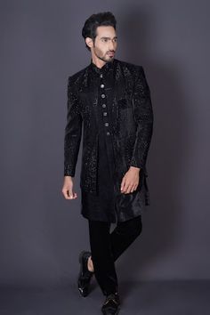 Bold black jacket featuring intricate hand embroidery done with stones, cutdana and sequins. Comes with a sleeveless sherwani and pant. - Aza Fashions Radhika Madan, Stand Collar Jacket, Genelia D'souza, Rhea Kapoor, Mira Rajput, Sanya Malhotra, Karisma Kapoor, Diana Penty, Taapsee Pannu