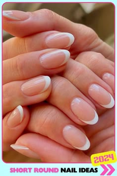 Classic white tip short round nails, gel polish, timeless and elegant, perfect for any occasion, featuring a clean and polished glossy finish. Gel Manicure Round Nails, French Tip Nails Round Shape, French Manicure Round Nails, Round French Manicure, Short Round French Tip Nails, Round Short Nails, Round French Tip